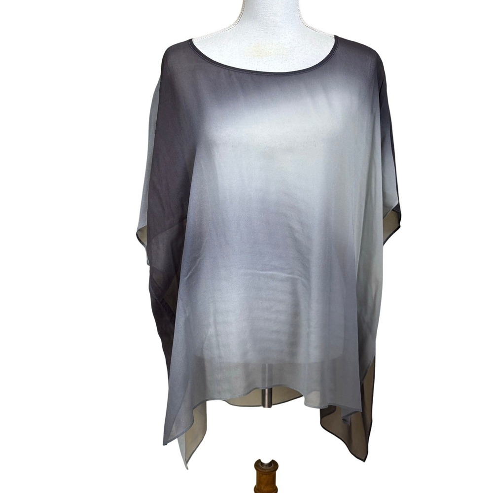 Eileen Fisher Grey Ombre 100% Silk Georgette Sheer Poncho Top Layering One Size